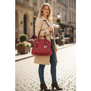 Michael Kors Bedford Red Pebbled Leather Satchel Bag